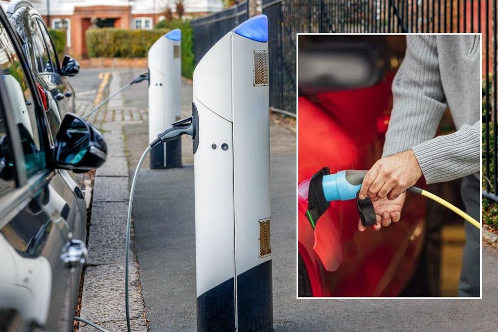 Electric car charger on street and a man charging his electric vehicle