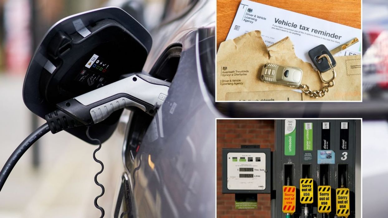 Electric car charger, vehicle tax reminder letter and an empty fuel pump