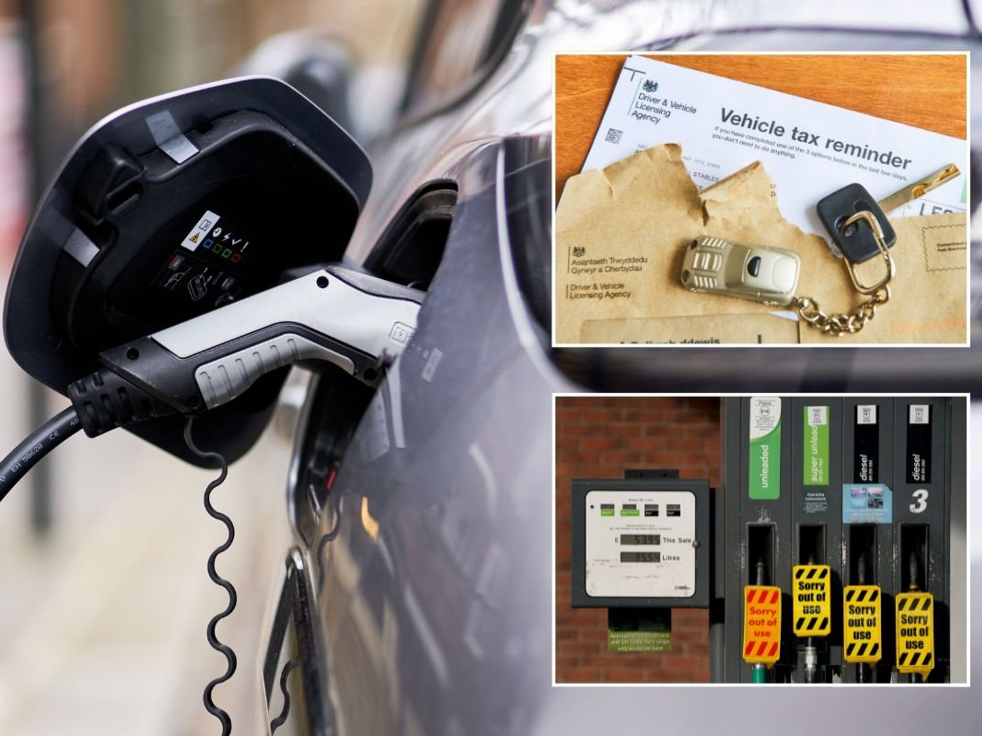 Electric car charger, vehicle tax reminder letter and an empty fuel pump