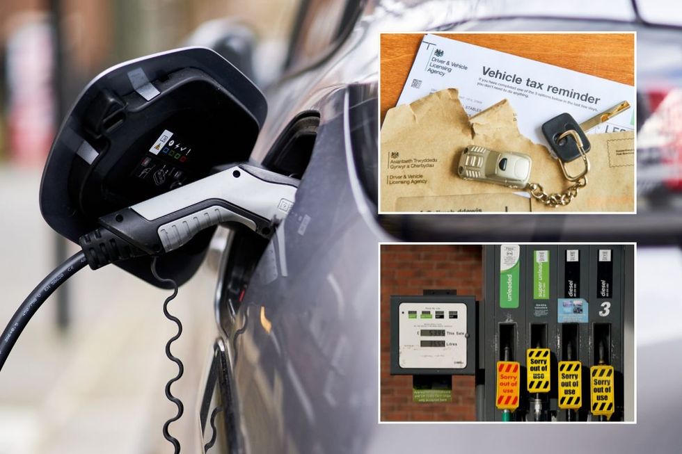Electric car charger, vehicle tax reminder letter and an empty fuel pump
