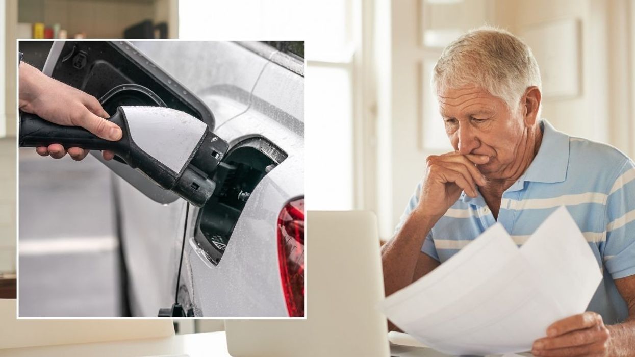 Electric car charging and a concerned man looking for car insurance quotes