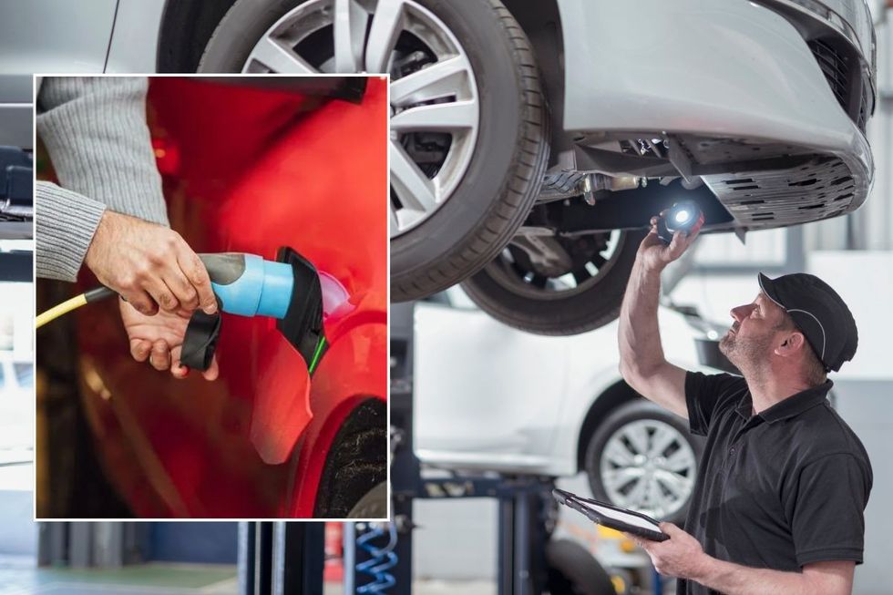 Electric car charging and a mechanic inspecting a car