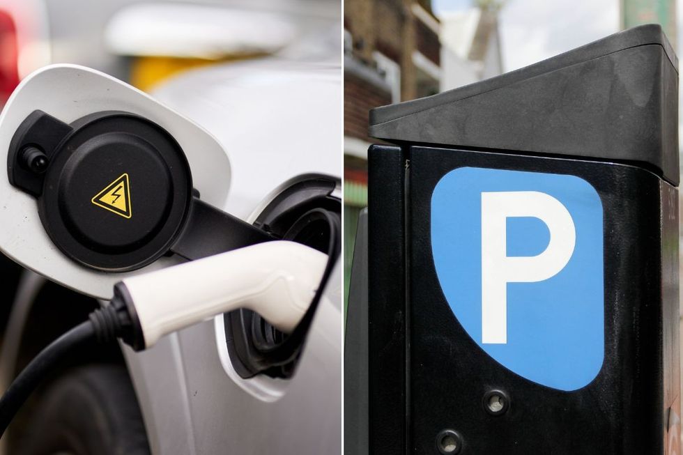 Electric car charging and a parking sign