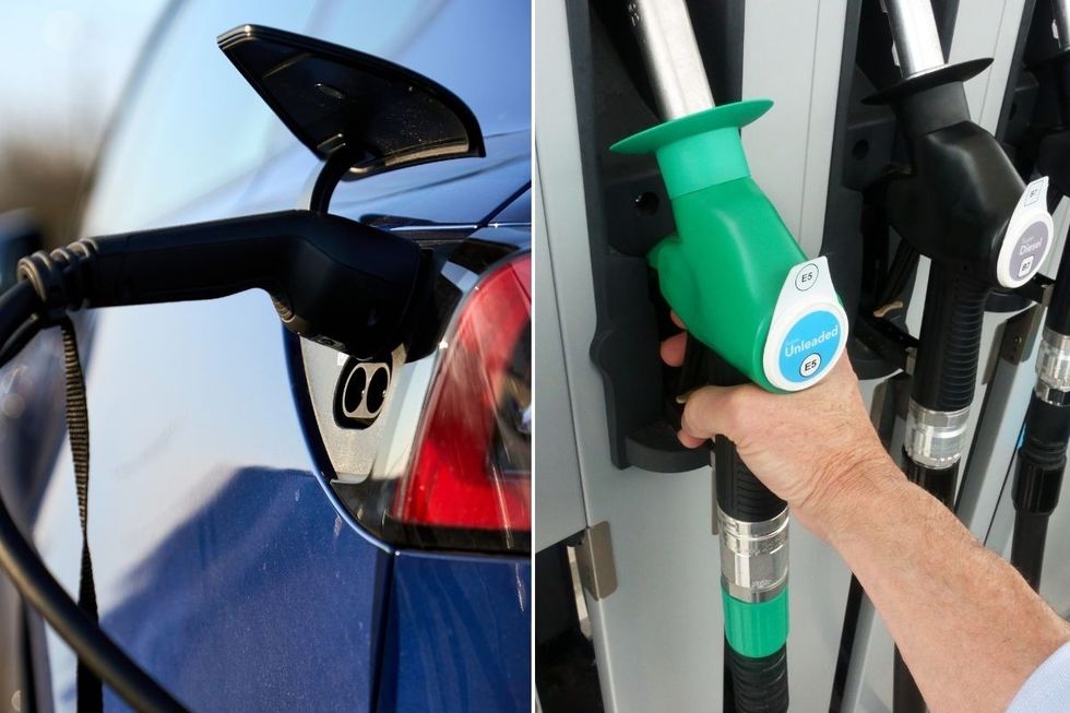 Electric car charging and a petrol pump