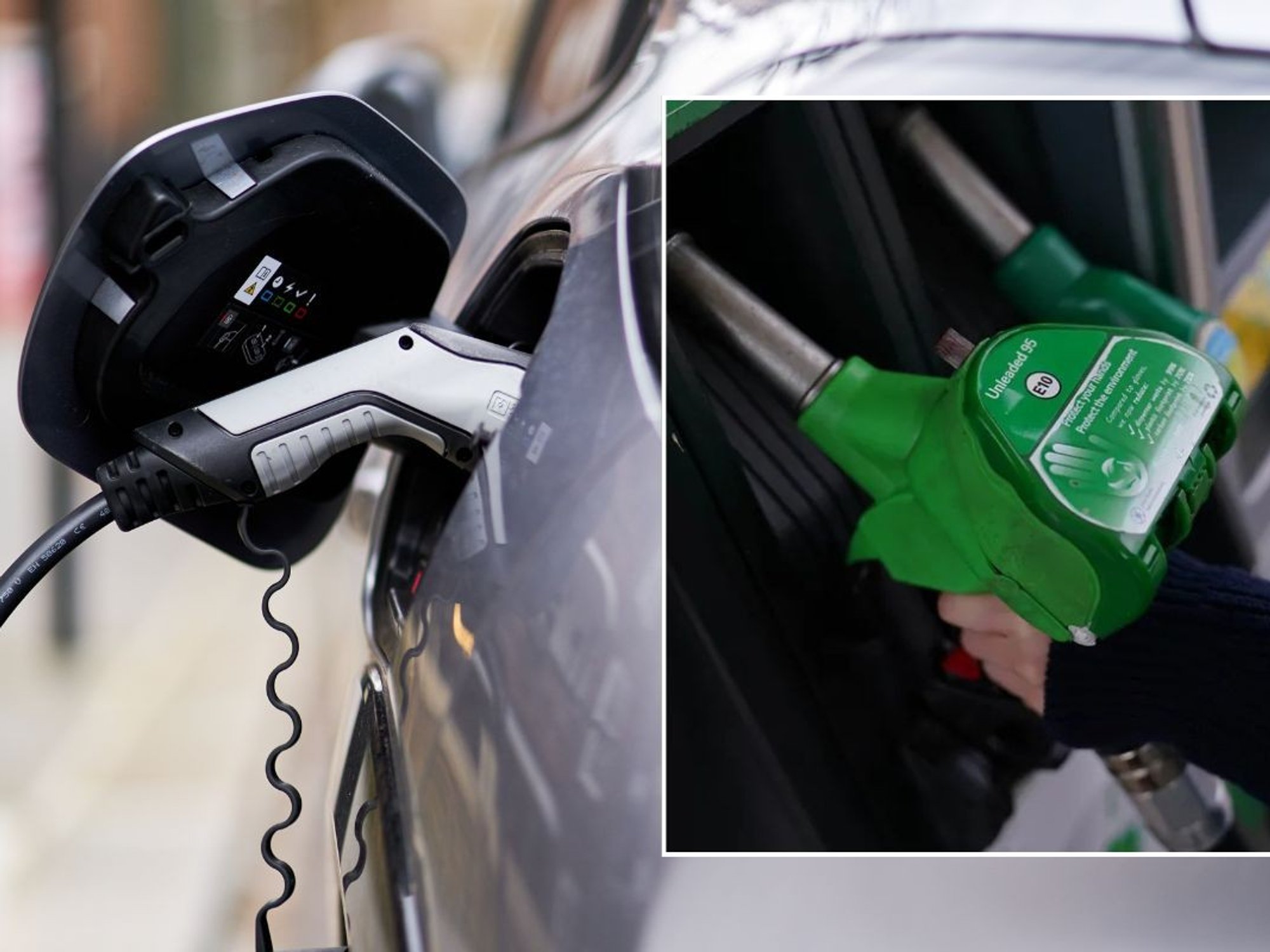 Electric car charging and a petrol pump
