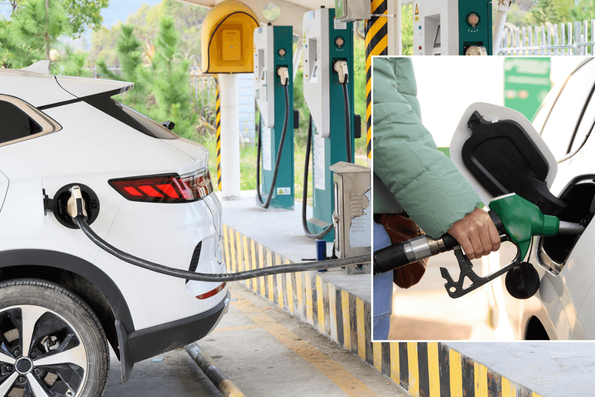 Electric car charging and petrol car filling up