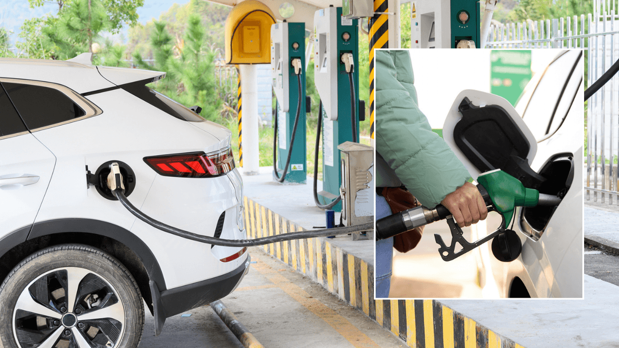 Electric car charging and petrol car filling up