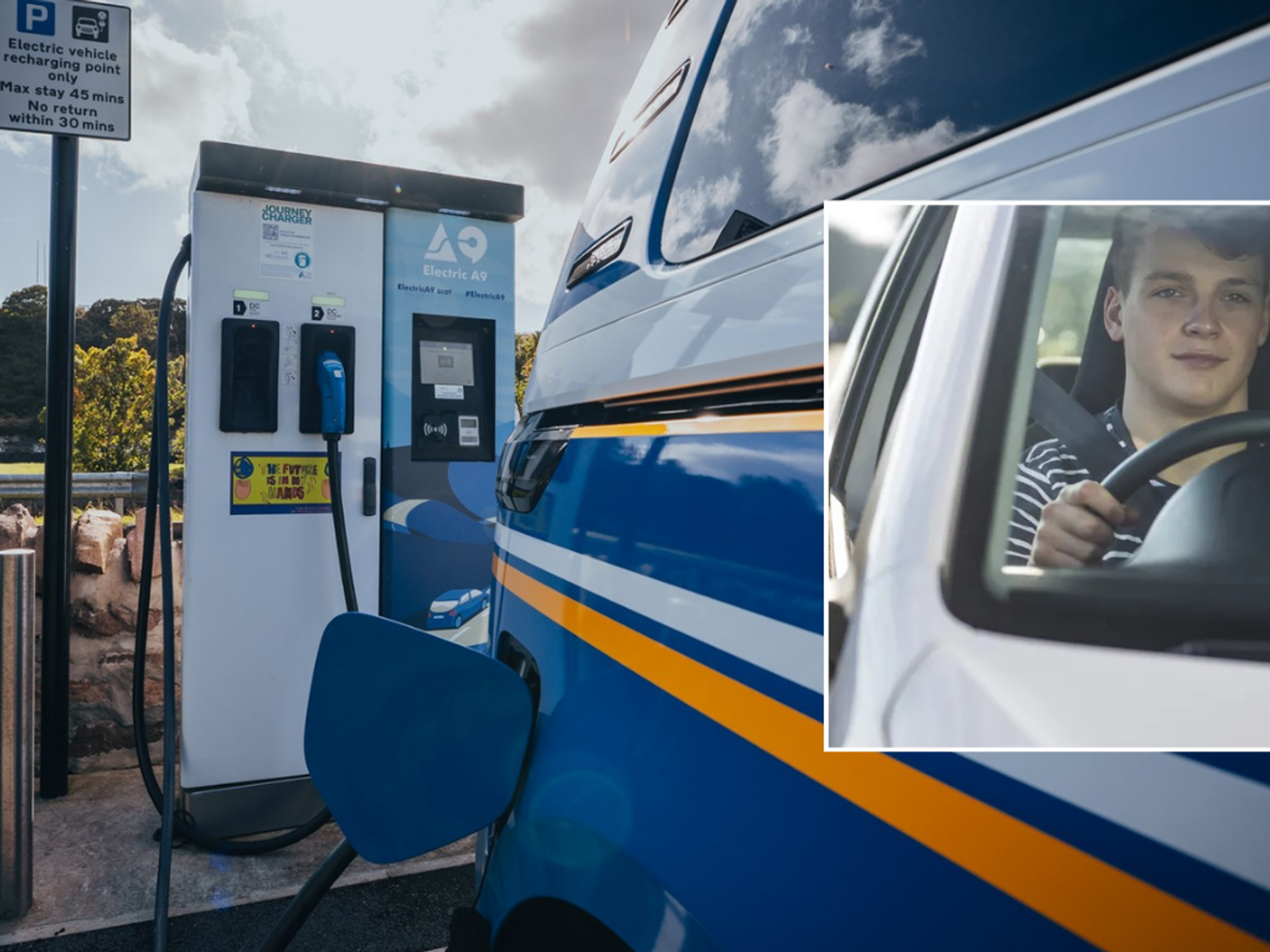 Electric car charging and young driver