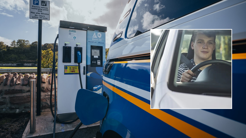 Electric car charging and young driver