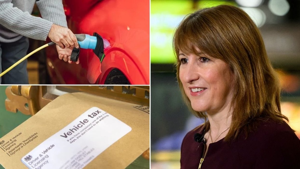 Electric car charging, Chancellor Rachel Reeves and a vehicle tax reminder letter