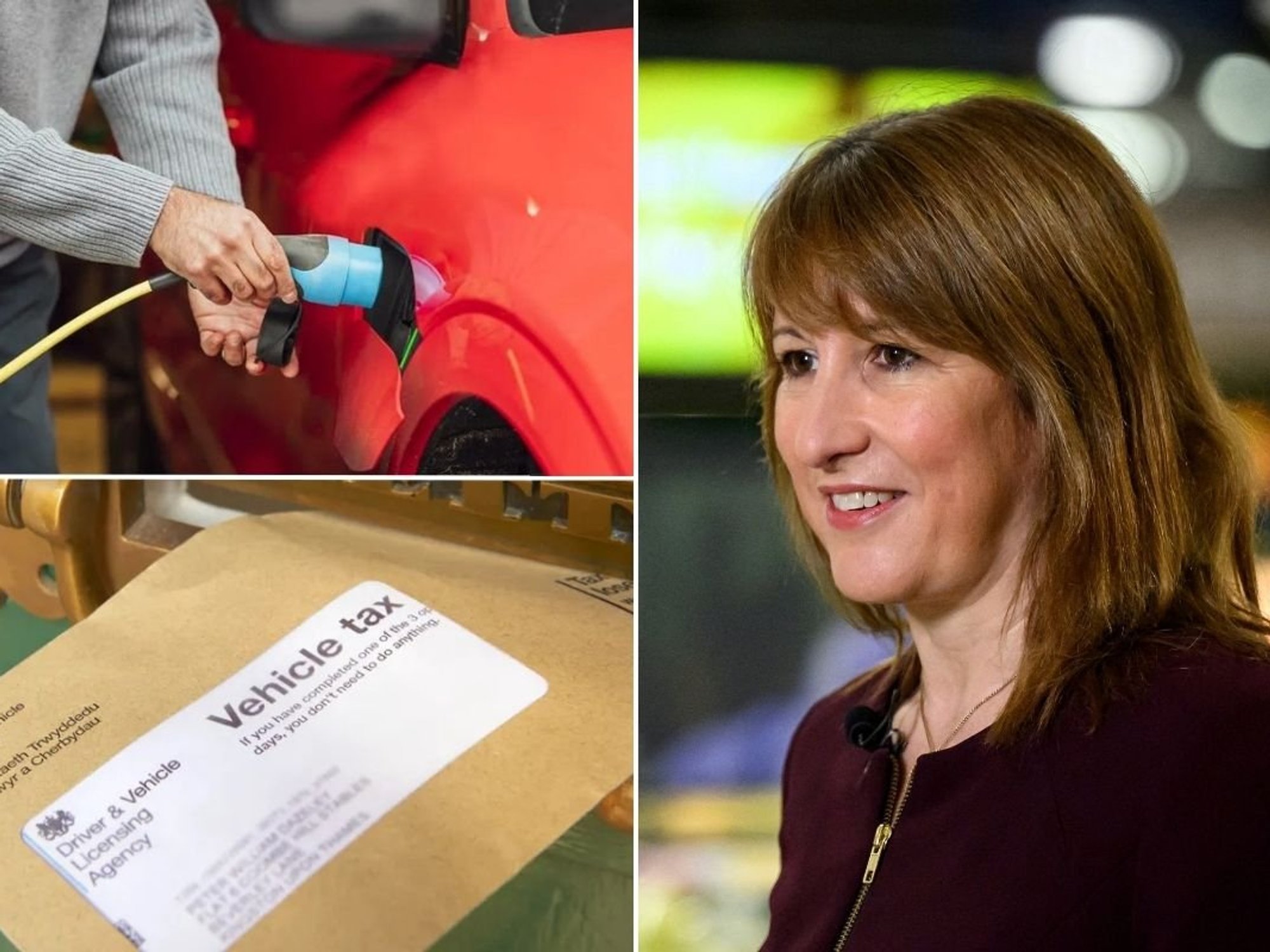 Electric car charging, Chancellor Rachel Reeves and a vehicle tax reminder letter