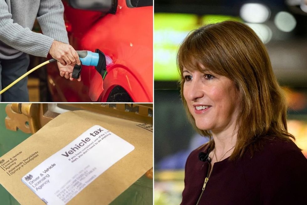 Electric car charging, Chancellor Rachel Reeves and a vehicle tax reminder letter