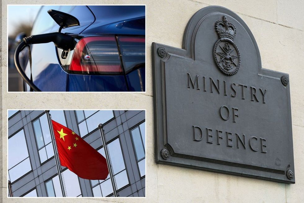 Electric car charging, China flag and a Ministry of Defence sign