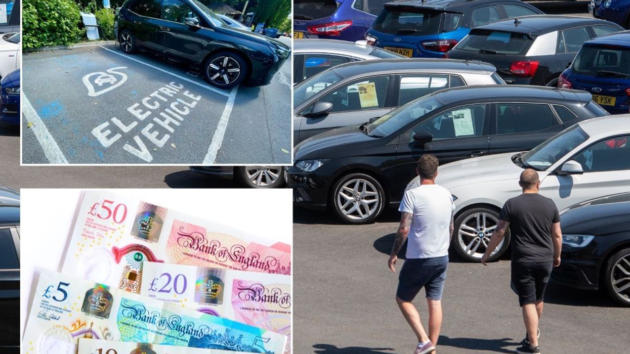 Electric car charging, UK money and people looking around a car forecourt