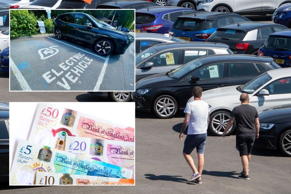 Electric car charging, UK money and people looking around a car forecourt
