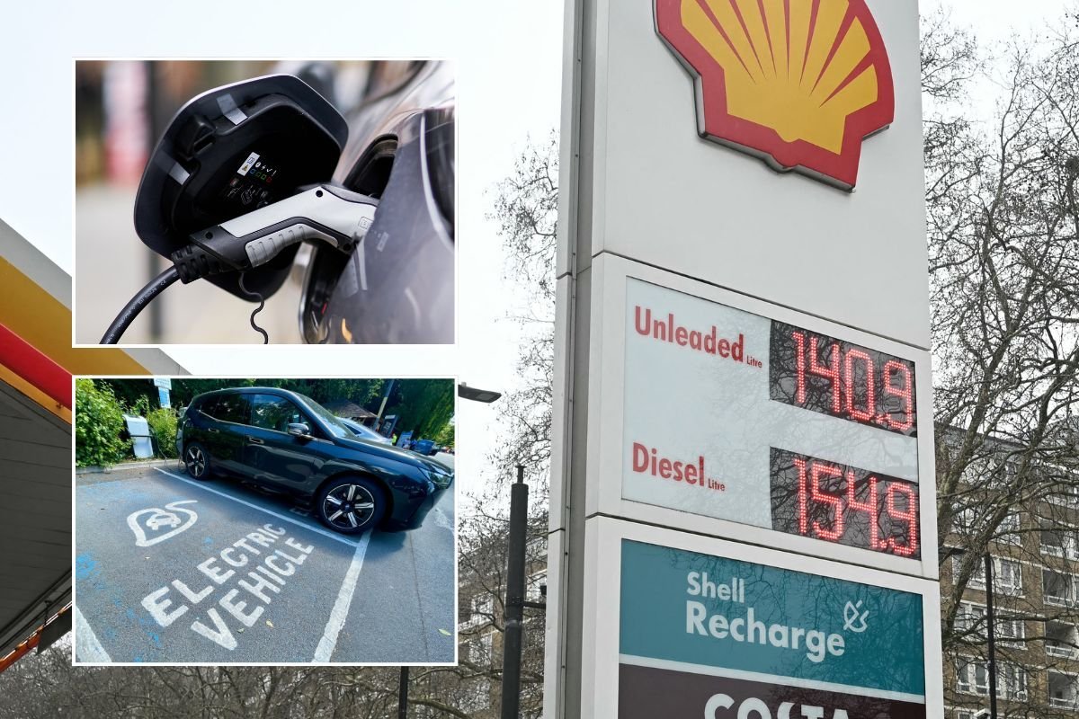 Electric cars charging and a petrol price sign