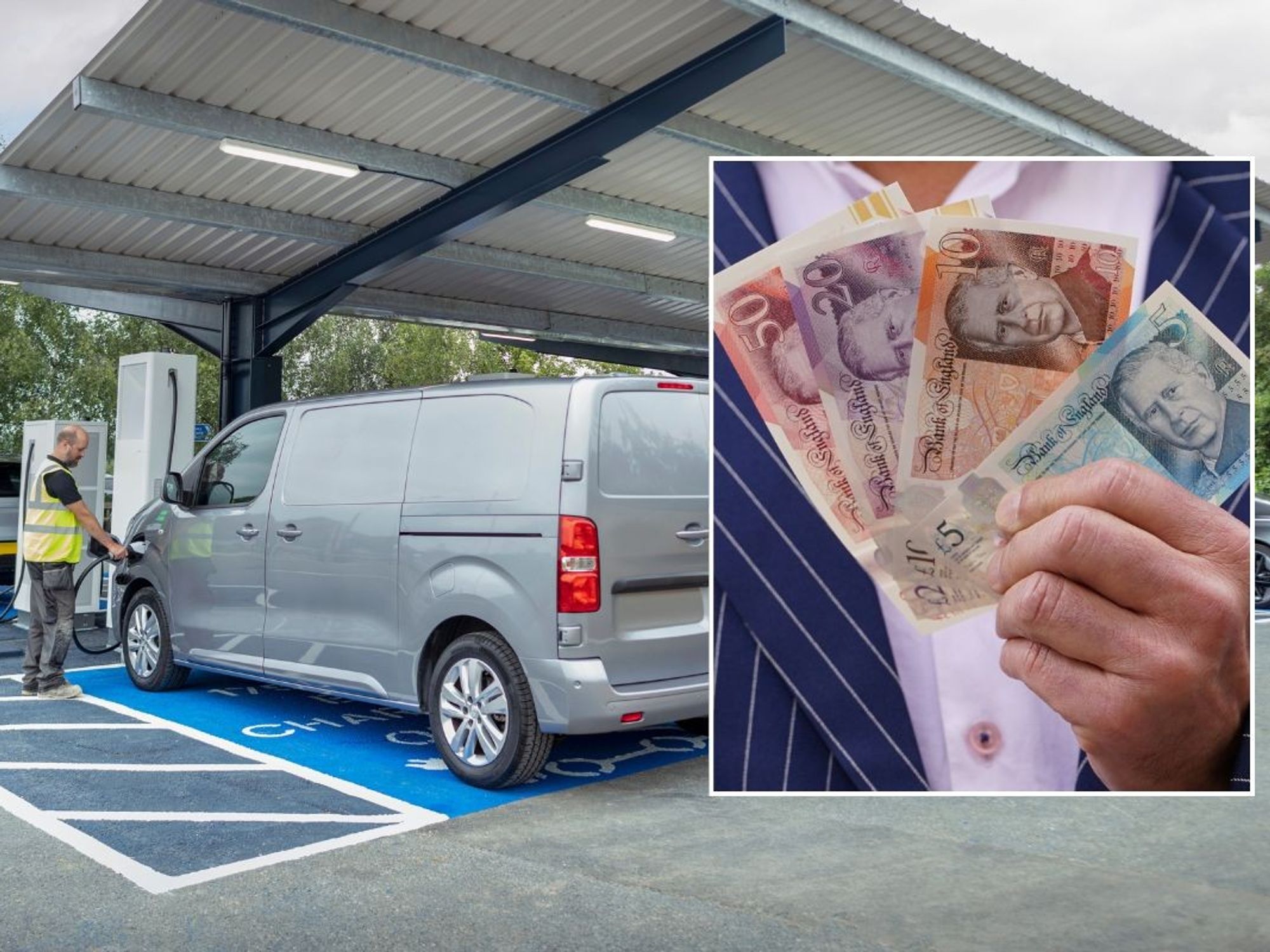 Electric van charging and a man holding UK money