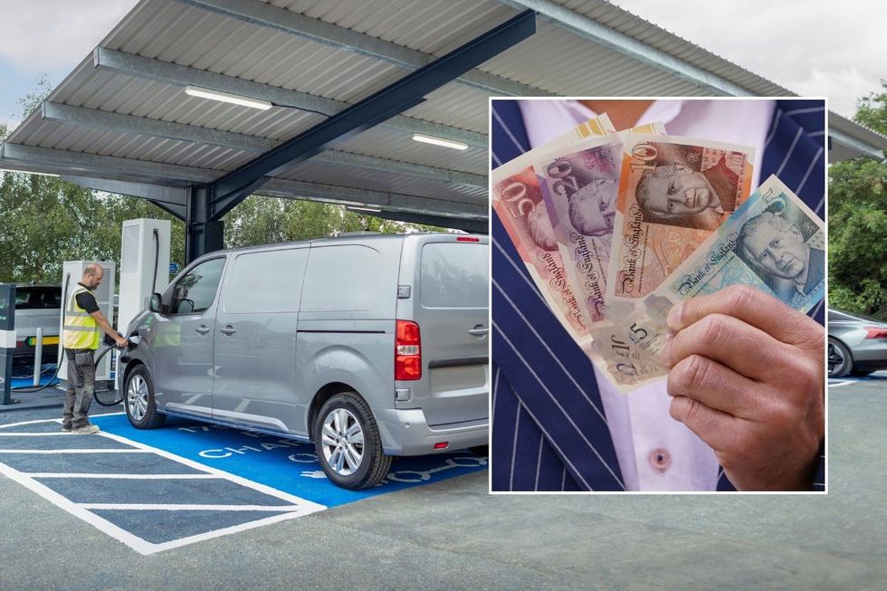 Electric van charging and a man holding UK money