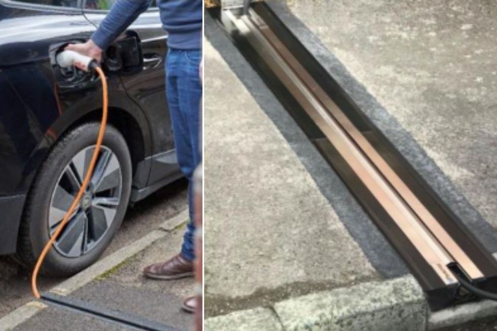 Electric vehicle charging and a cross-pavement channel for an EV charging cable