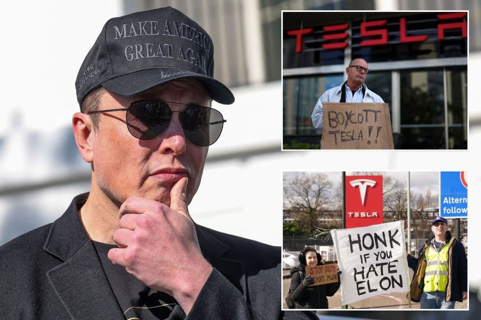 Elon Musk, a 'boycott Tesla' sign and a 'honk if you hate Elon' sign