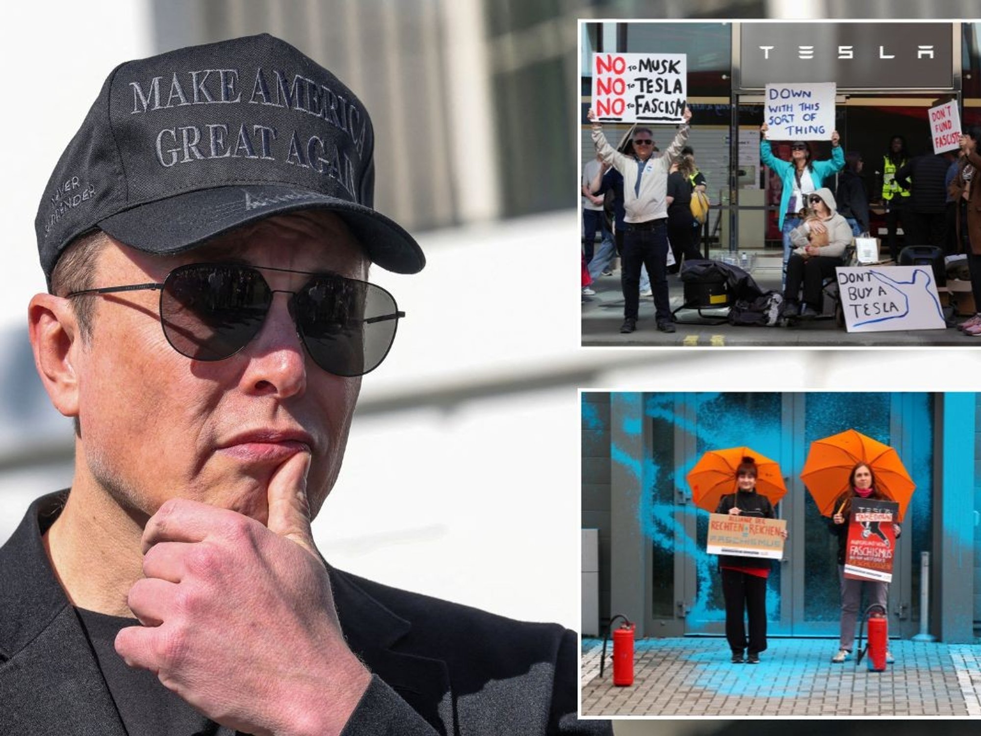 Elon Musk, a Tesla protest in London and a Tesla protest in Berlin