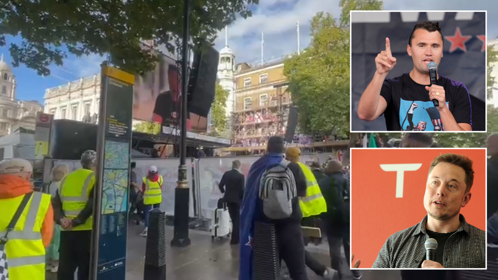 Elon Musk addresses the crowd via a video call