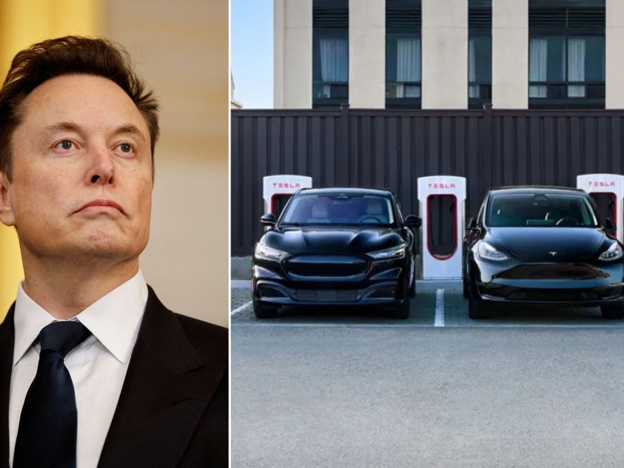 Elon Musk and two Tesla vehicles charging