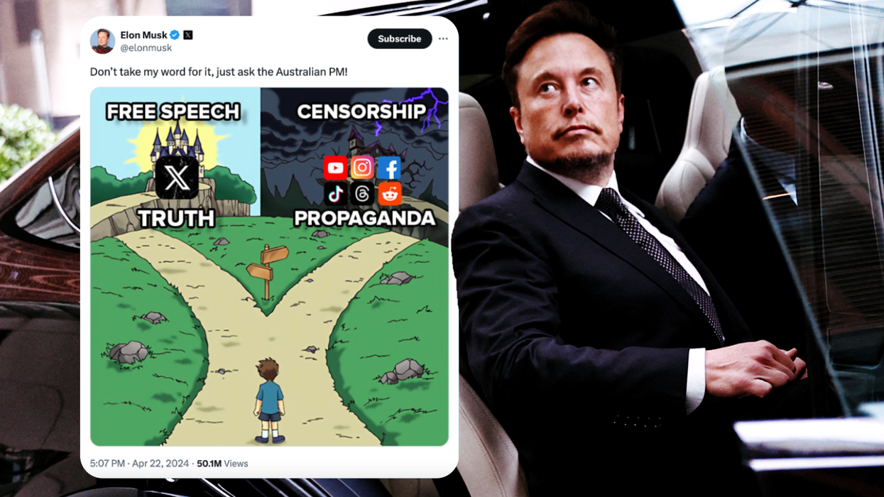 elon musk getting out of a tesla car with an inset picture of a post on X about the spat with the Australian prime minister