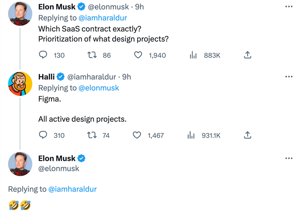 Elon Musk laughing at Halli over his Twitter thread