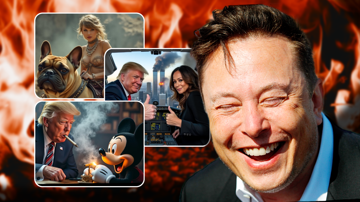 elon musk laughing with various examples of ai generated images with donald j trump taylor swift and mickey mouse