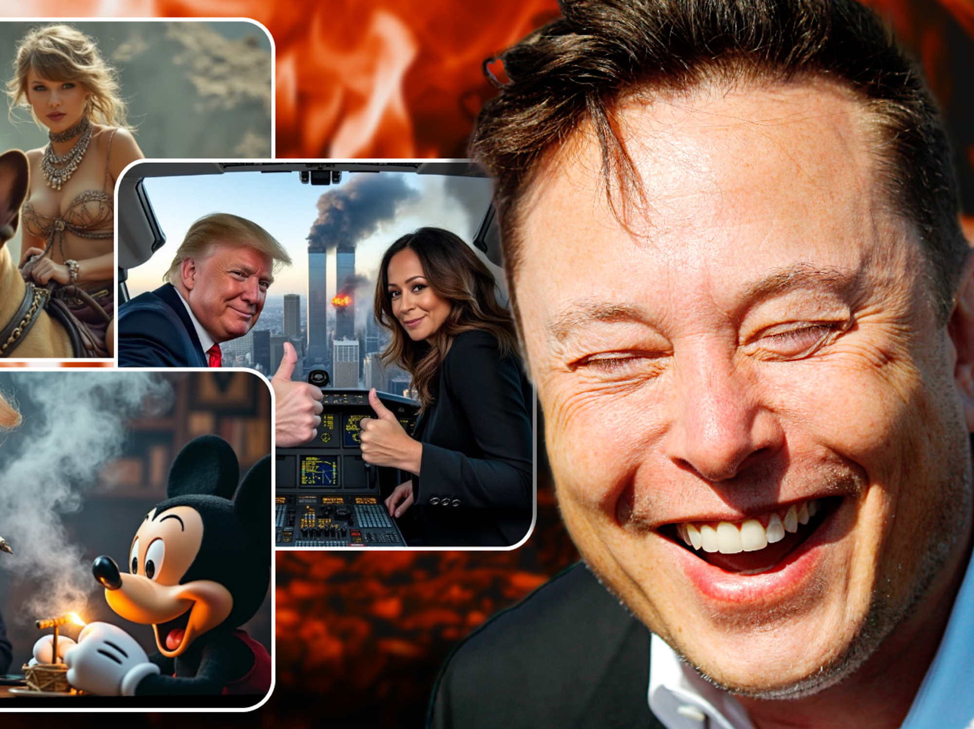 elon musk laughing with various examples of ai generated images with donald j trump taylor swift and mickey mouse