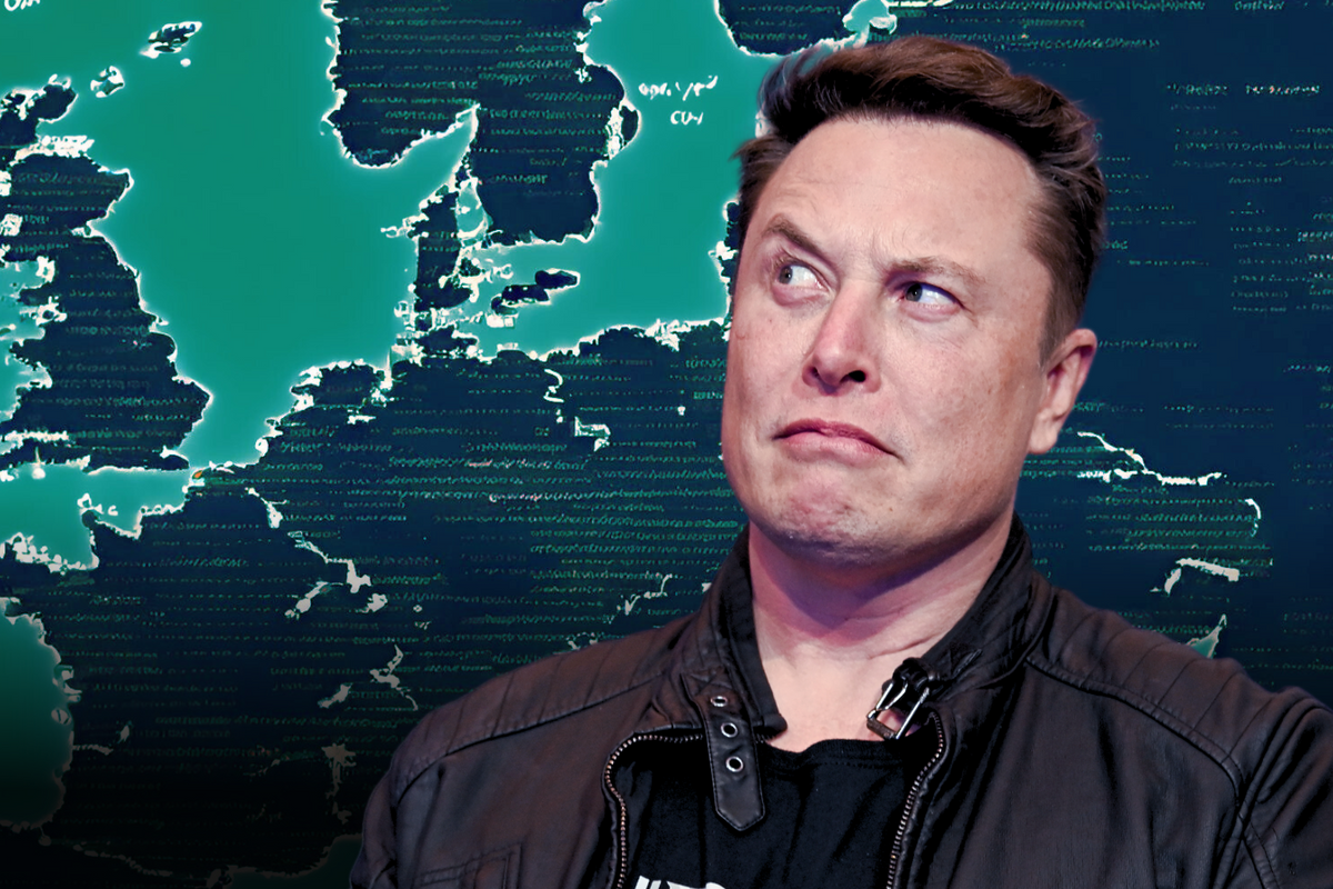 elon musk photographed looking confused with a map of europe superimposed in the background 