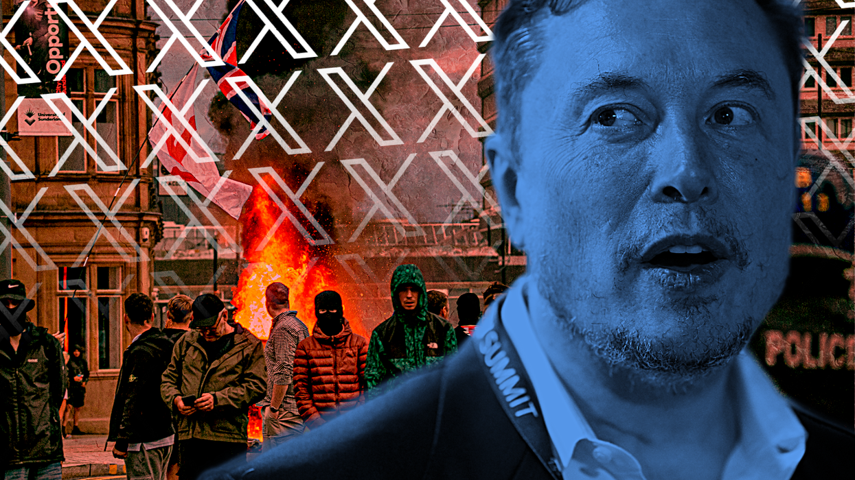 elon musk pictured in the foreground surrounded by the X social network logo and pictures of protestors taking part in the unrest