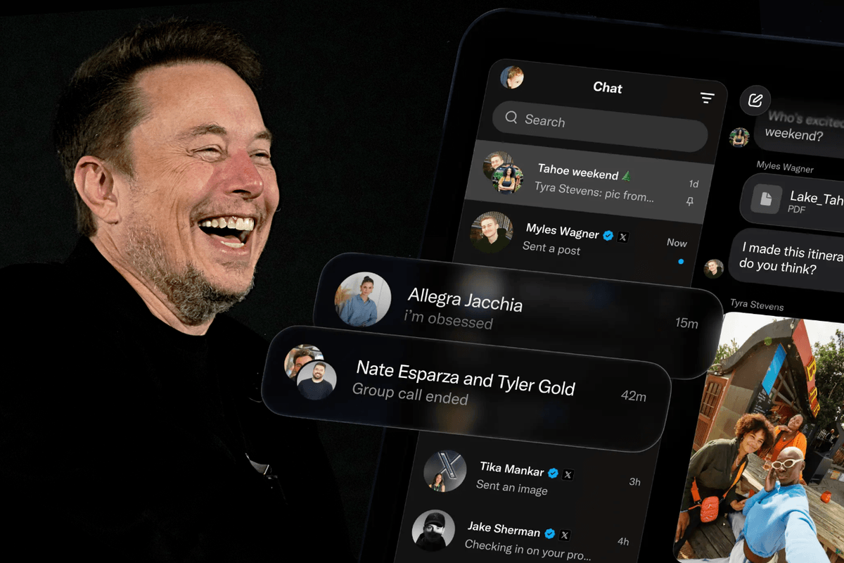 Elon Musk pictured laughing in a black jacket with an inset from the new Xchat app
