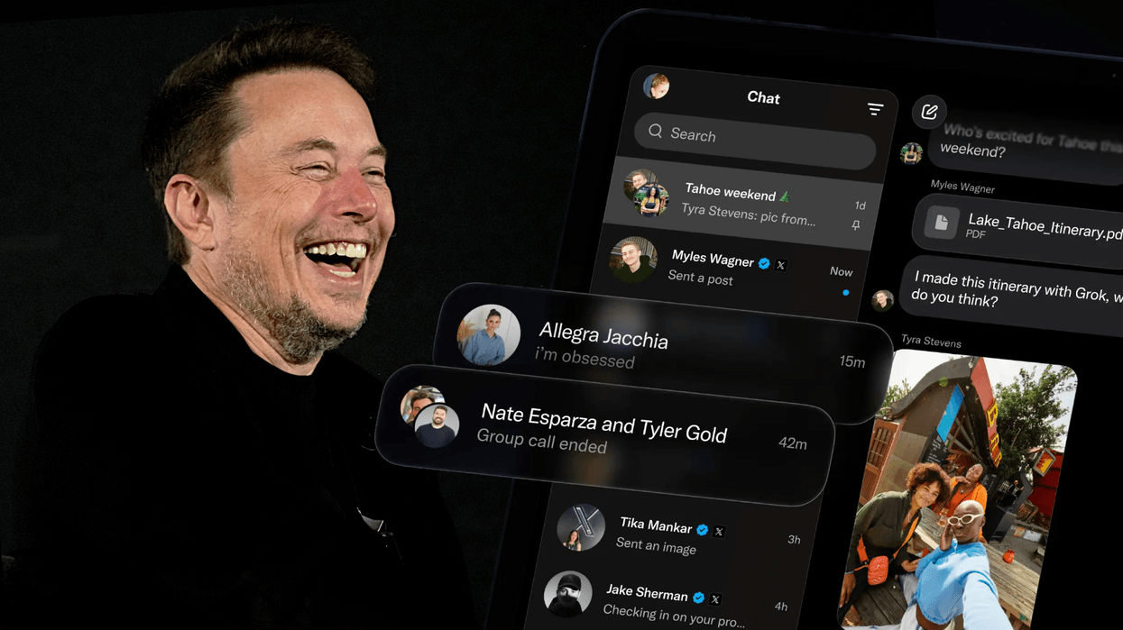 Elon Musk pictured laughing in a black jacket with an inset from the new Xchat app