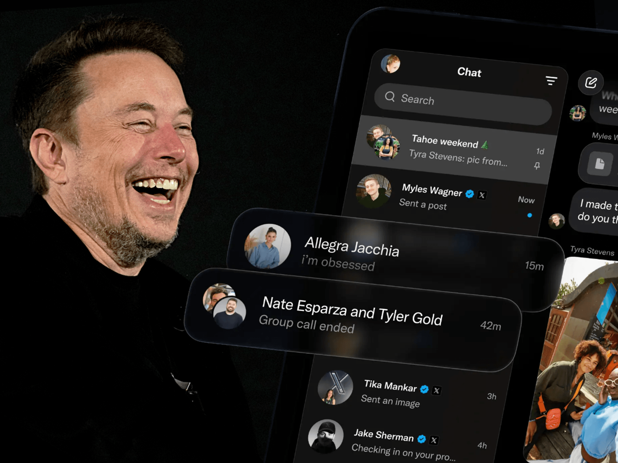 Elon Musk pictured laughing in a black jacket with an inset from the new Xchat app