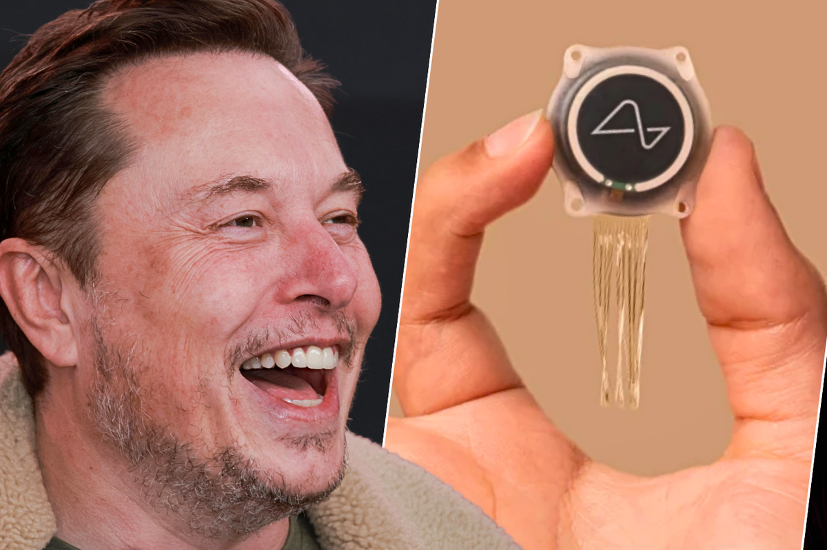 elon musk pictured laughing with an inset image of the neuralink brain chip 