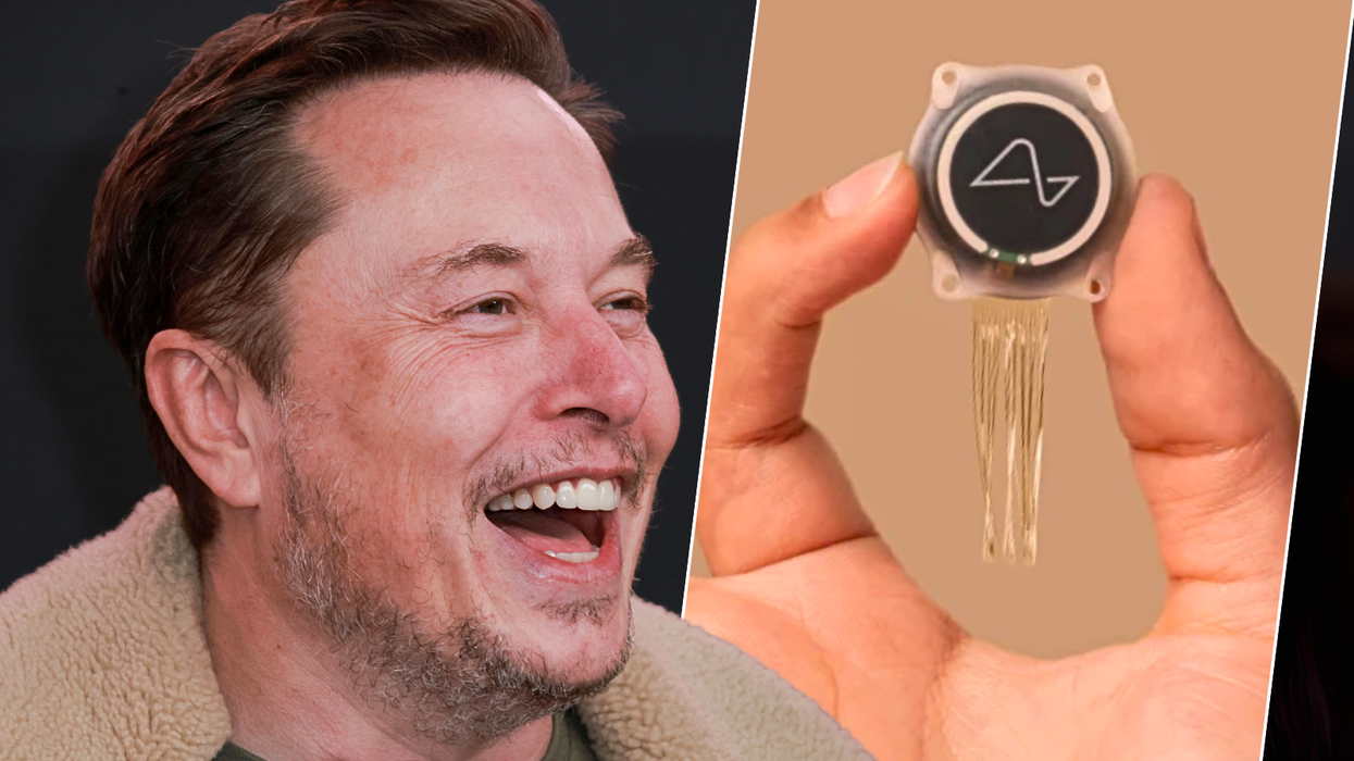 elon musk pictured laughing with an inset image of the neuralink brain chip