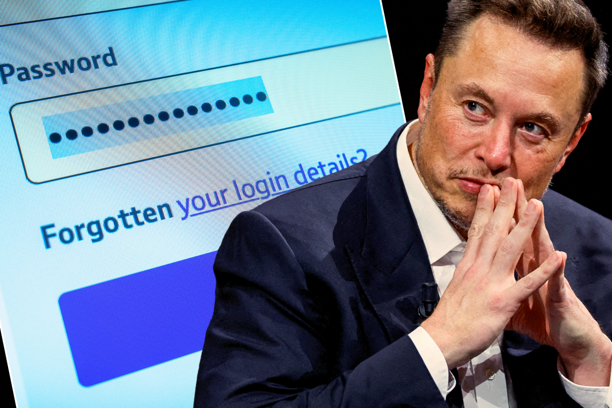 elon musk pictured with his head in the hands with a screenshot of a password login in the background 