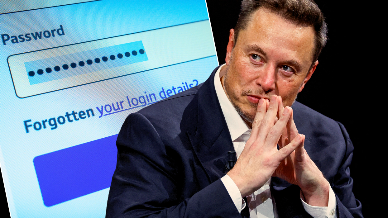 elon musk pictured with his head in the hands with a screenshot of a password login in the background