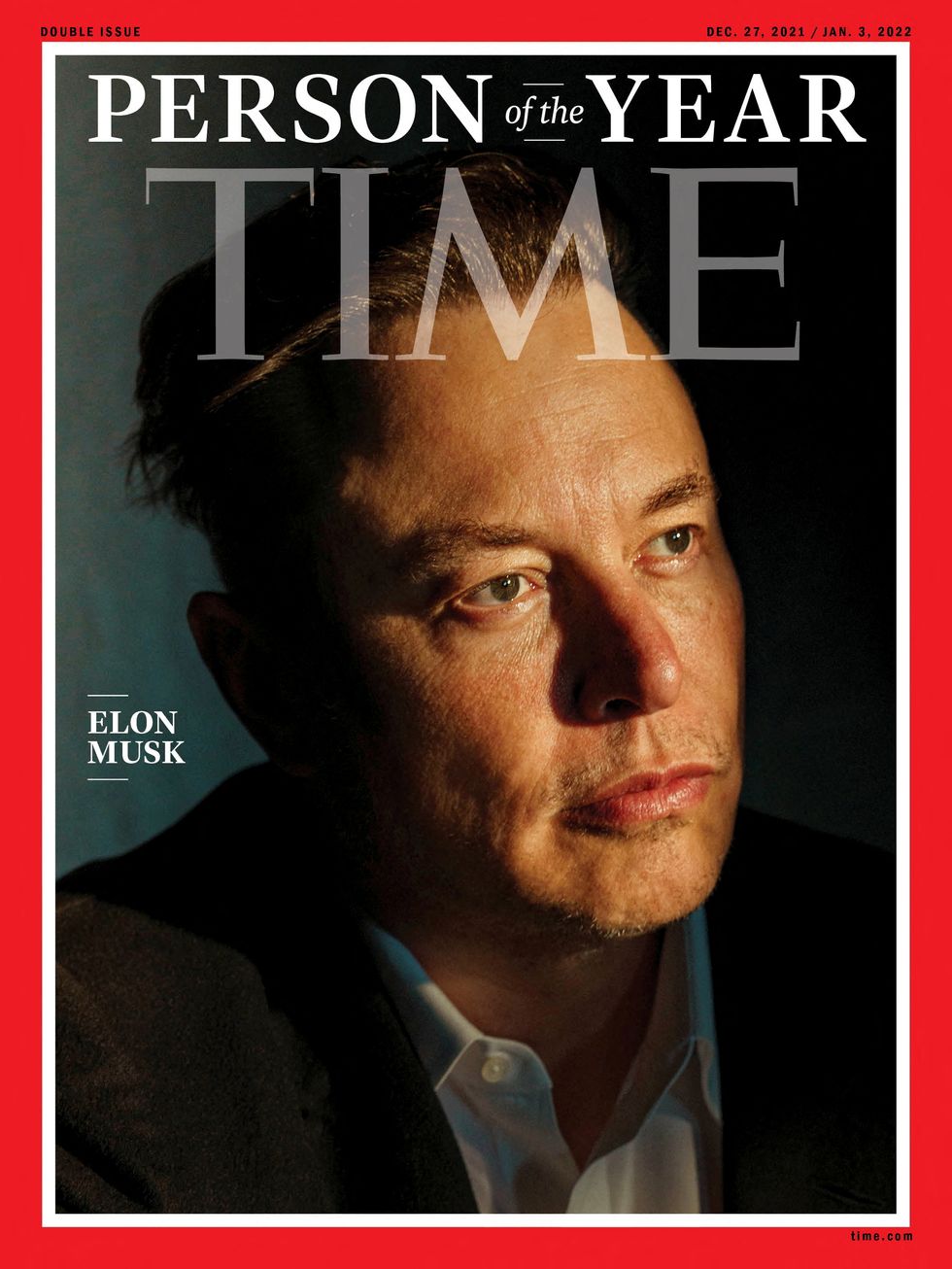 Elon Musk poses on the cover image of Time magazine's 2021 \%22Person of the Year\%22