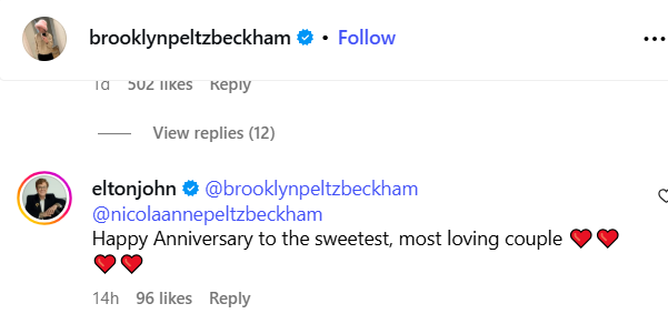 Elton John Instagram comment