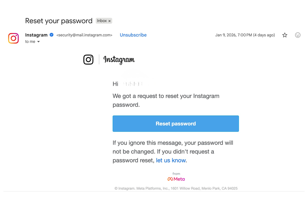 Email to reset your password