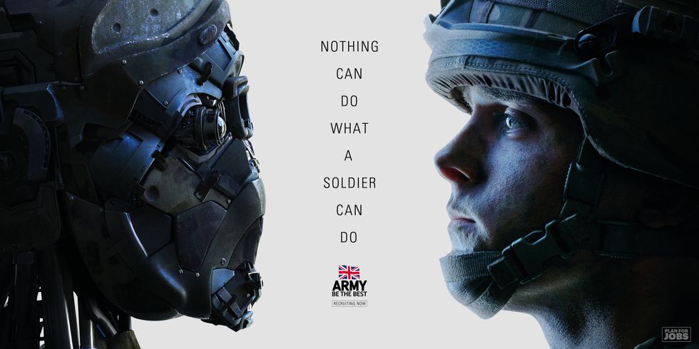 EMBARGOED TO 0001 FRIDAY JULY 1 Undated handout photo issued by the British Army of their latest recruitment advertising campaign featuring robots. The campaign called Nothing Can Do What A Soldier Can Do contains the message that while new technologies are being used by troops in battle, the future of UK defence will be underpinned by soldiers. Issue date: Friday July 1, 2022.