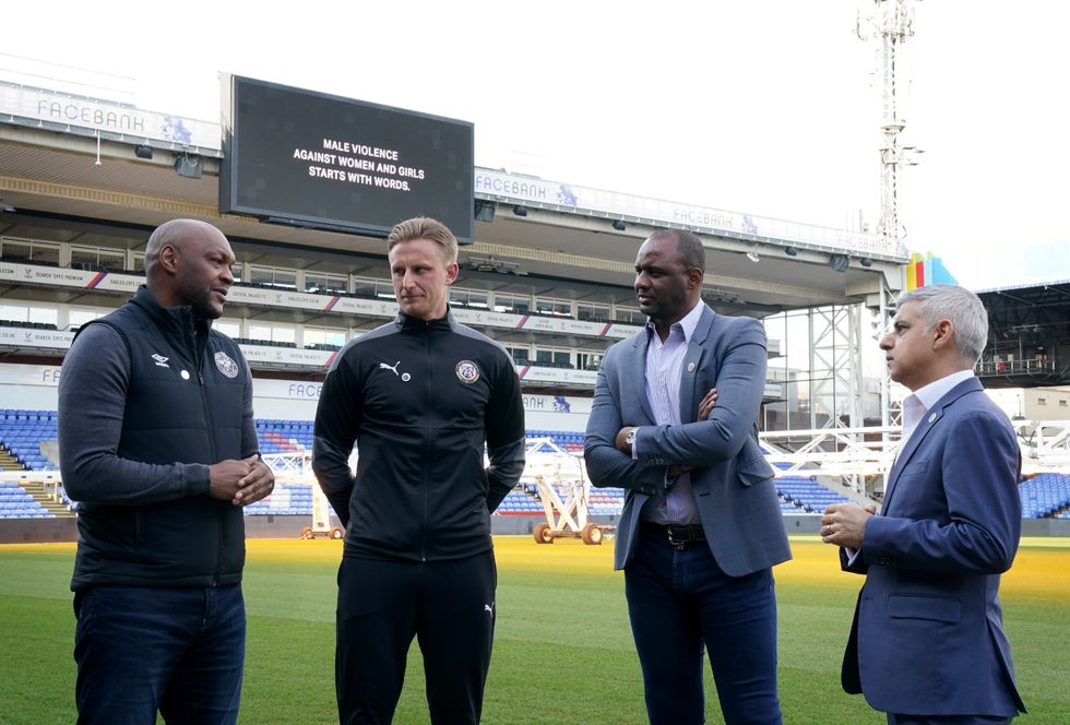 Embargoed to 0001 Monday March 14 Mayor of London Sadiq Khan is joined by Marcus Gale (left), Byron Webster and Patrick Vieira (second right) at the launch of his campaign to tackle violence against women and girls, at Selhurst Park, Crystal Palace Football stadium in London. Khan said lessons on misogyny should be taught in primary schools, as he called on violence against women to be tackled. Picture date: Thursday March 10, 2022.