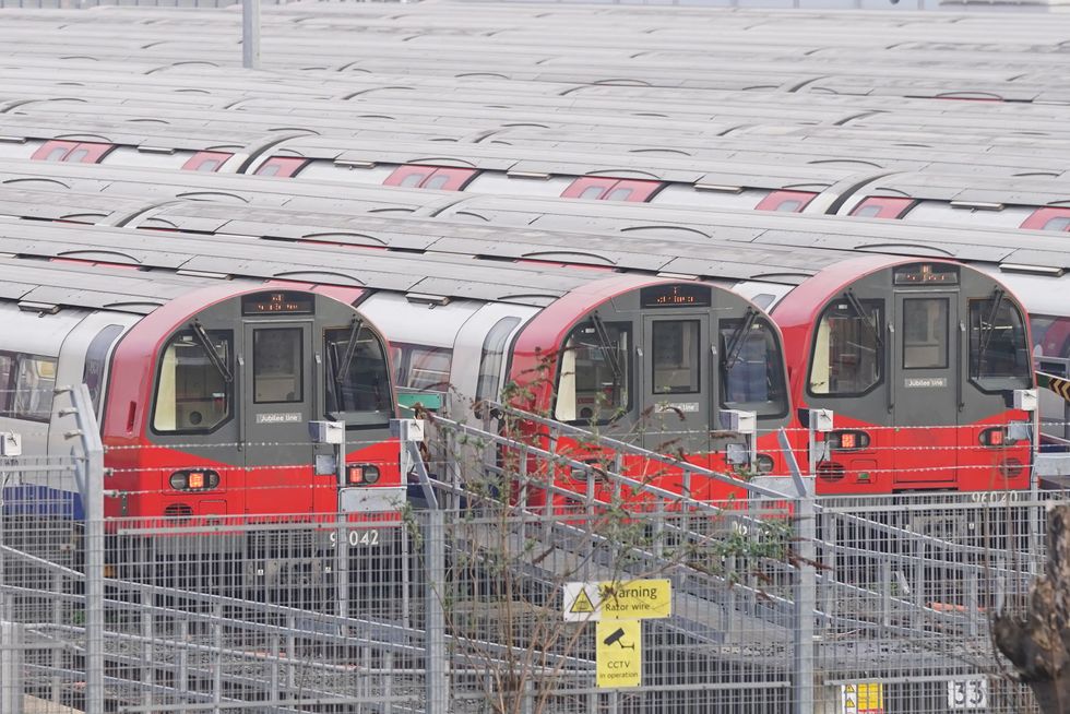 EMBARGOED TO 0001 SUNDAY JUNE 5 File photo dated 03/03/22 of Jubilee line trains parked at the London Underground Stratford Market Depot in Stratford, east London during a strike by members of the Rail, Maritime and Transport union, as London Underground is advising people not to travel on Monday because of a strike by thousands of workers in a dispute over jobs and pensions.