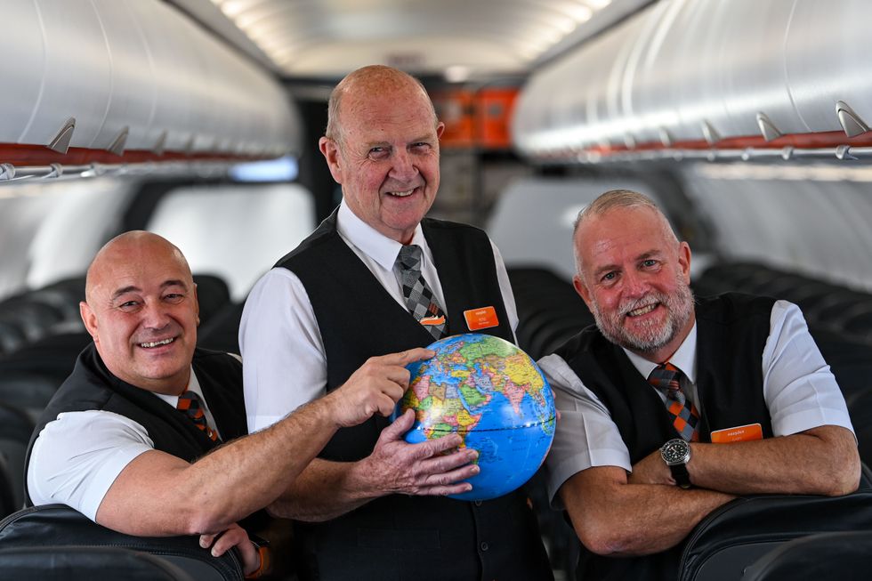 EMBARGOED TO 0001 THURSDAY NOVEMBER 24 EDITORIAL USE ONLY (Left to right) Mike Tear, aged 58, Peter Wanless, aged 68, and Gary Fellowes, aged 63, feature in a new recruitment campaign from easyJet, which is encouraging people over 50 or parents of older children to apply for roles with the airline, Gatwick, London. Issue date: Thursday November 24, 2022.