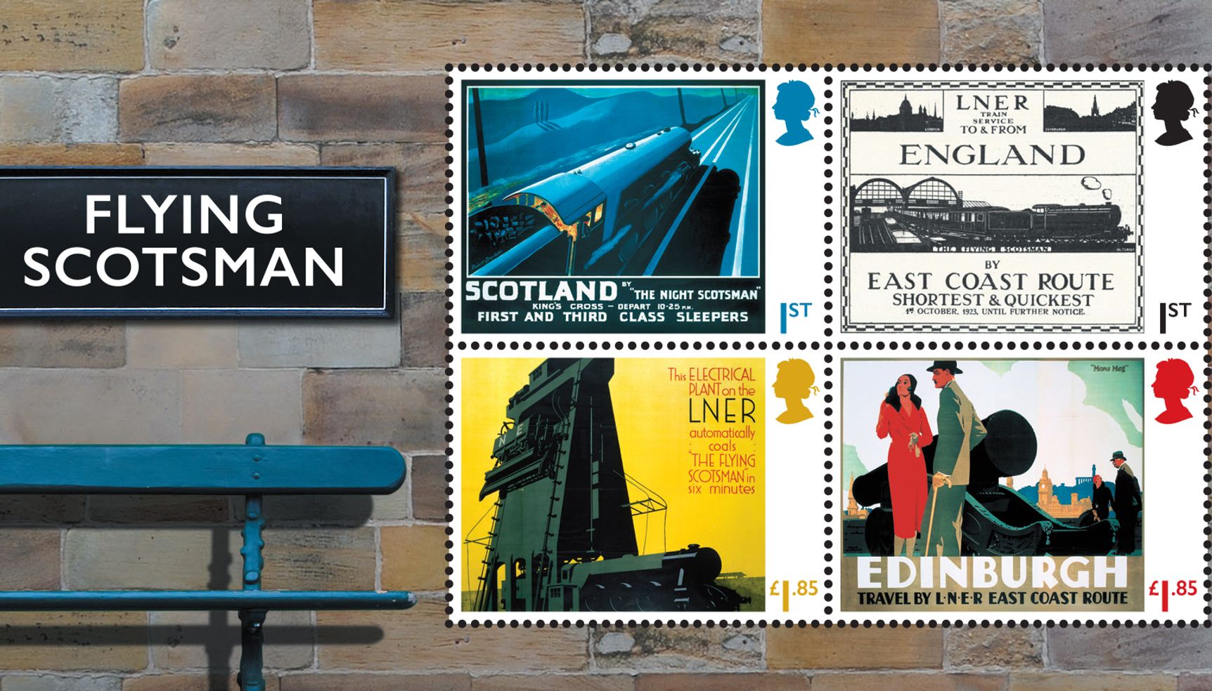 EMBARGOED TO 0001 TUESDAY FEBRUARY 28 Undated handout photo issued by Royal Mail of four of twelve new stamps to mark the 100th anniversary of steam locomotive the Flying Scotsman. They are the final set of stamps to feature late Queen Elizabeth II's silhouette. Issue date: Tuesday February 28, 2023.