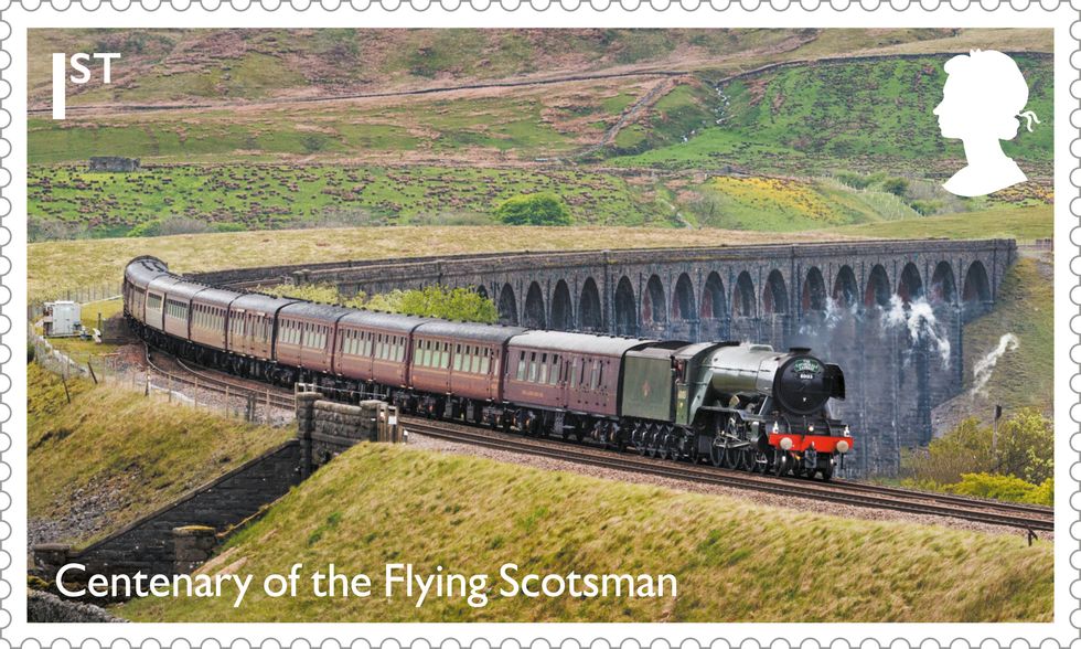 EMBARGOED TO 0001 TUESDAY FEBRUARY 28 Undated handout photo issued by Royal Mail of one of twelve new stamps to mark the 100th anniversary of steam locomotive the Flying Scotsman. They are the final set of stamps to feature late Queen Elizabeth II's silhouette. Issue date: Tuesday February 28, 2023.