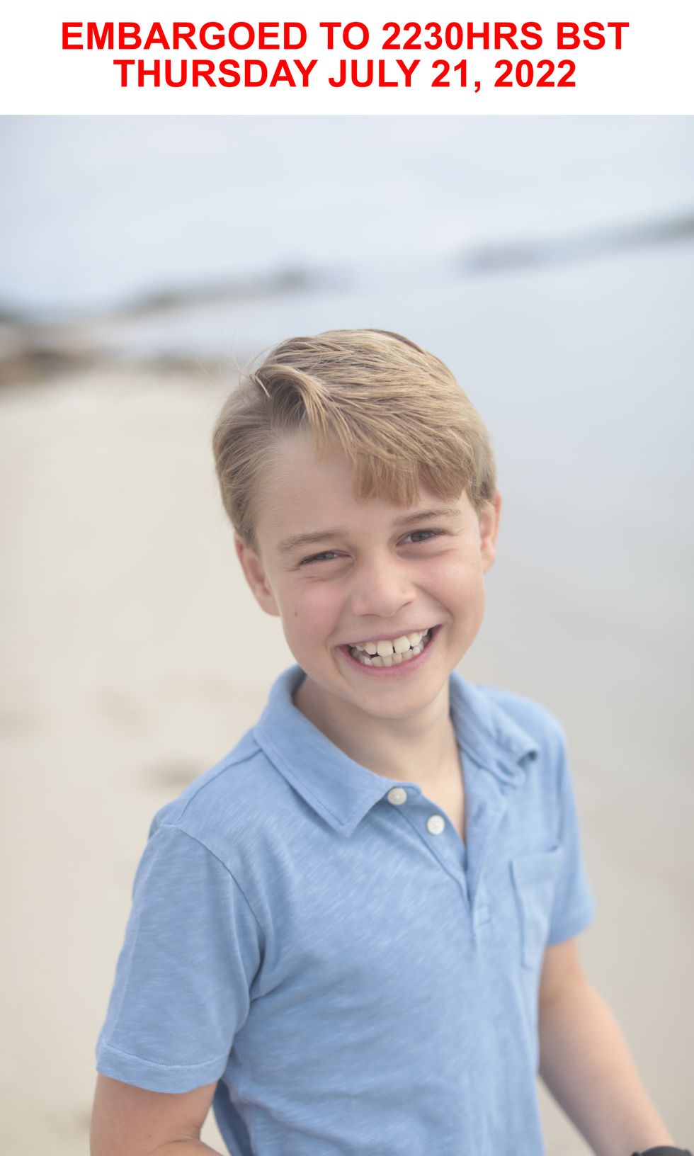 EMBARGOED TO 2230 THURSDAY JULY 21 MANDATORY CREDIT REQUIRED: The Duchess of Cambridge. Copyright: The Duke and Duchess of Cambridge. NEWS EDITORIAL USE ONLY. NO COMMERCIAL USE. NO MERCHANDISING, ADVERTISING, SOUVENIRS, MEMORABILIA or COLOURABLY SIMILAR. NOT FOR USE AFTER 31/12/2022, WITHOUT PRIOR PERMISSION FROM KENSINGTON PALACE. This photograph is provided to you strictly on condition that you will make no charge for the supply, release or publication of it and that these conditions and restrictions will apply (and that you will pass these on) to any organisation to whom you supply it. There shall be no commercial use whatsoever of the photographs (including by way of example only) any use in merchandising, advertising or any other non-news editorial use. The photographs must not be digitally enhanced, manipulated or modified in any manner or form and must include all of the individuals in the photograph when published. All other requests for use should be directed to the Press Office at Kensington Palace in writing. Undated handout photo of Prince George whose ninth birthday is on Friday, seen in a portrait taken by his mother the Duchess of Cambridge on holiday in the UK earlier this month. Issue date: Thursday July 21, 2022. See PA story ROYAL George. Mandatory credit must read: The Duchess of Cambridge NOTE TO EDITORS: This handout photo may only be used in for editorial reporting purposes for the contemporaneous illustration of events, things or the people in the image or facts mentioned in the caption. Reuse of the picture may require further permission from the copyright holder.